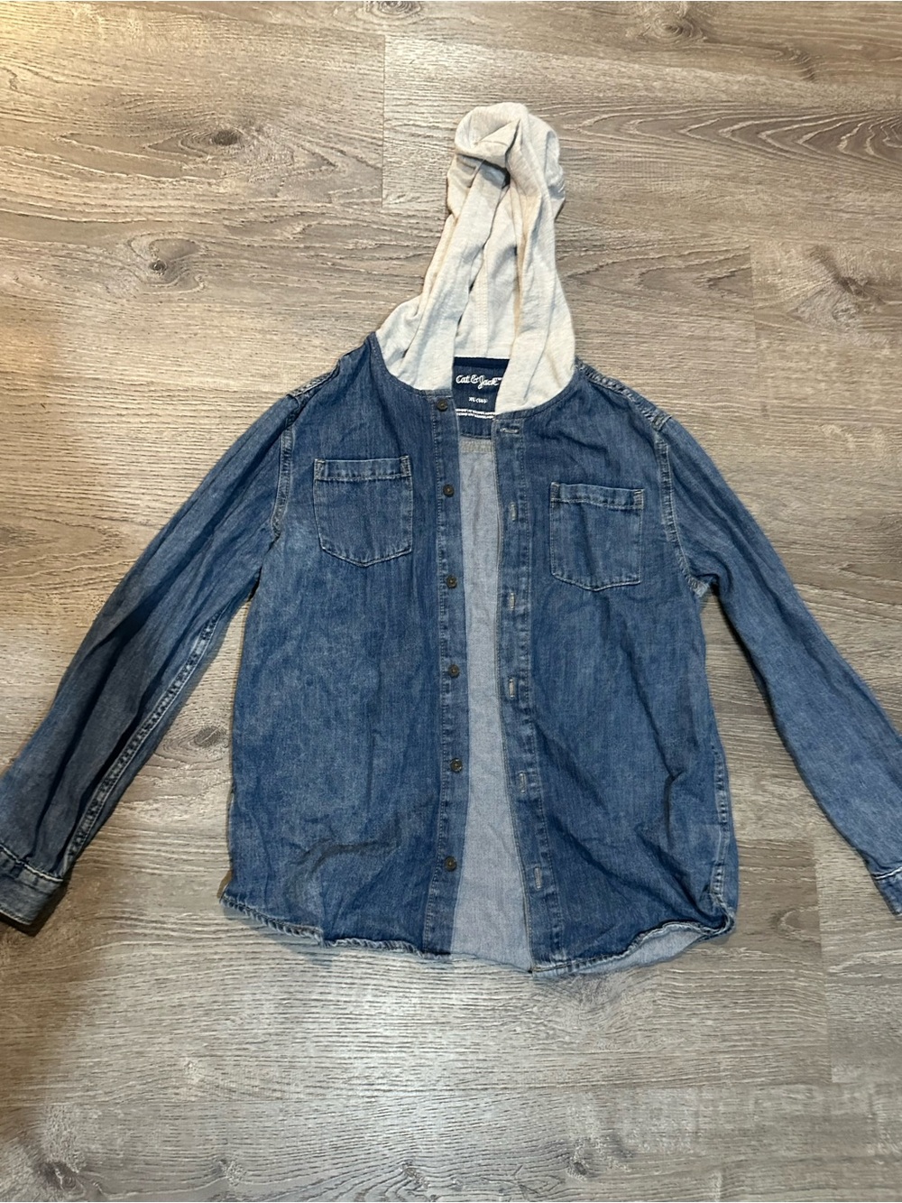 Cat & Jack Boys’ Denim Hooded Shirt Jacket Size 14 Long Sleeve Button Front 2-Po